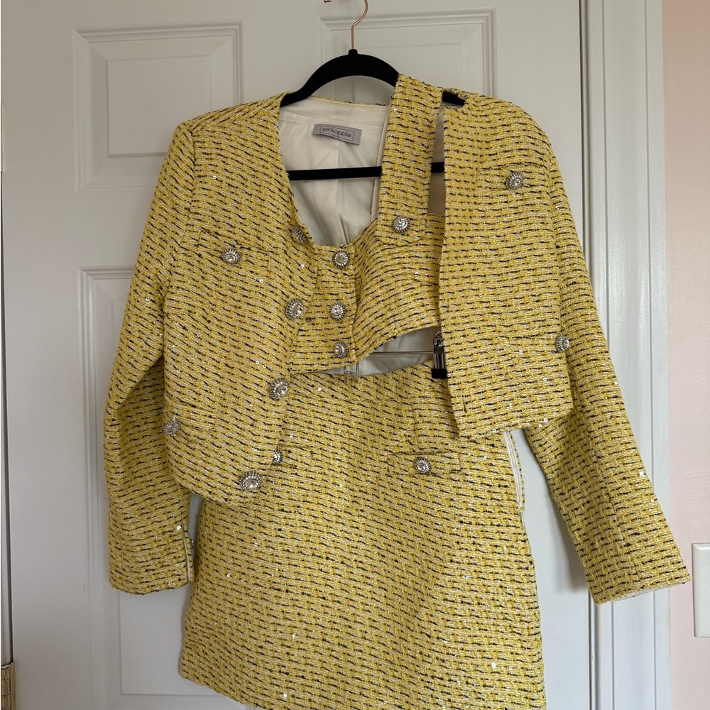 Chic Yellow Tweed Blazer and Skirt Set